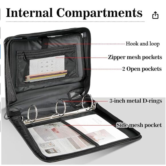 3 Inch 3-Ring Binder with Zipper, Expanding Folders and Shoulder Straps & Handle - Picture 3 of 4